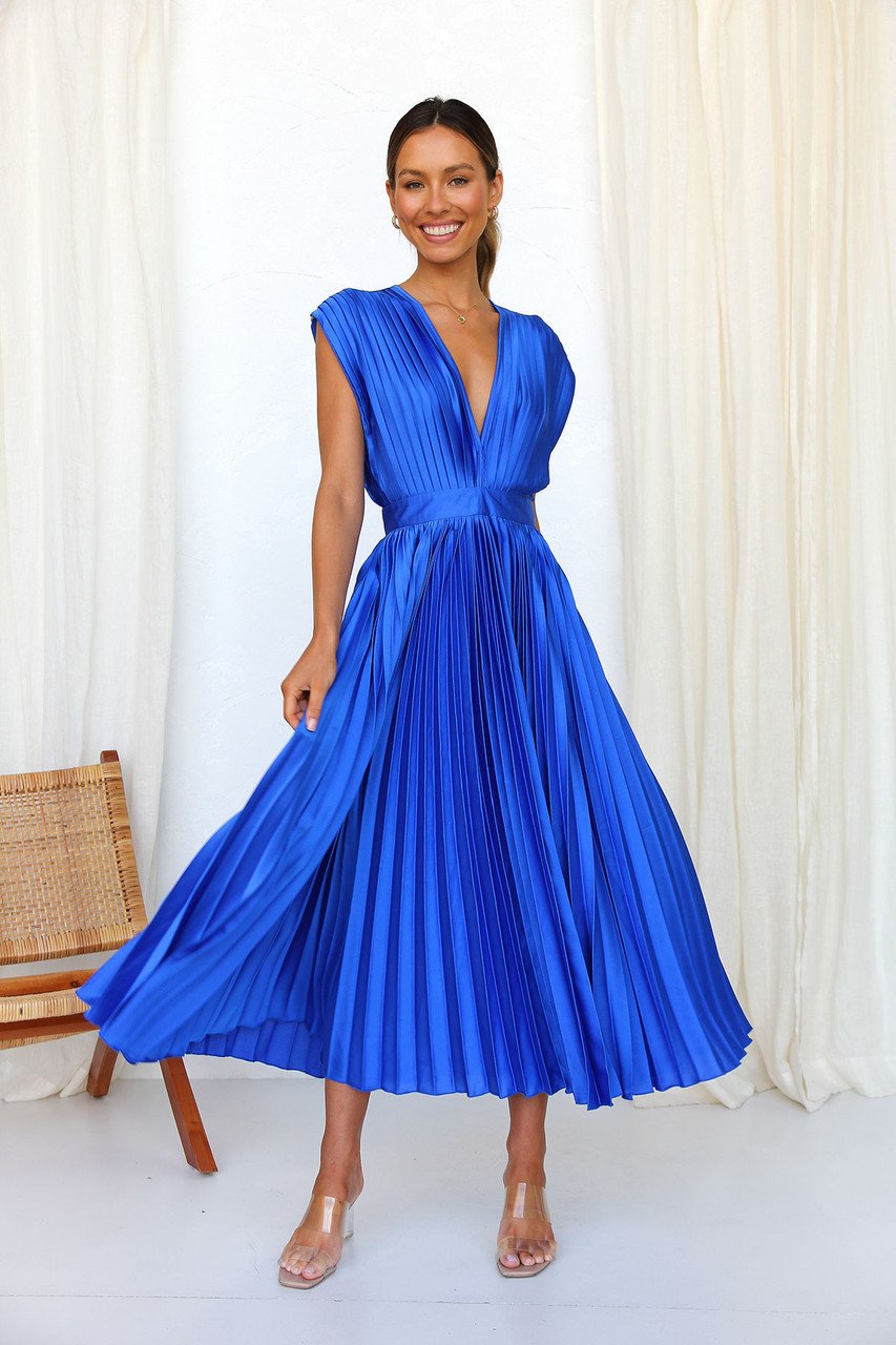 Robe Midi Fluide en Satin Pliée à Col en V Élégante