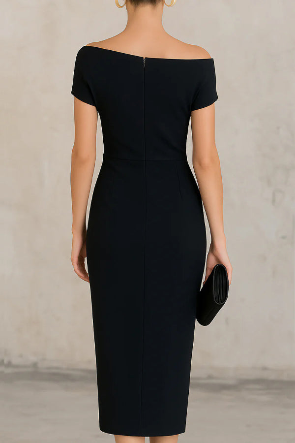 Robe Midi Plissée Slim-fit à Manches Courtes Élégante