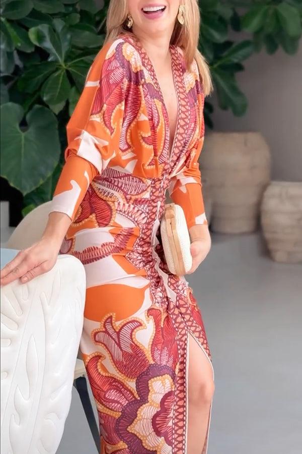 Robe Midi à Imprimé Unique avec Manches Dolman et Fente Froncée