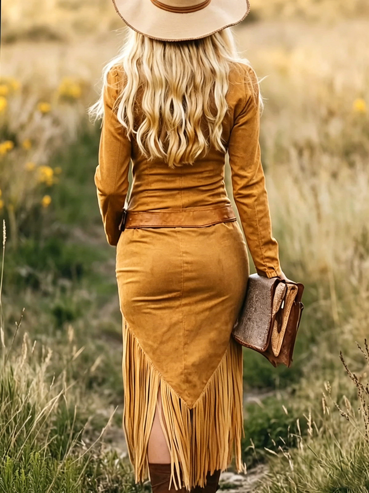 Robe Midi Vintage Western Col Zippé Franges (Sans ceinture)