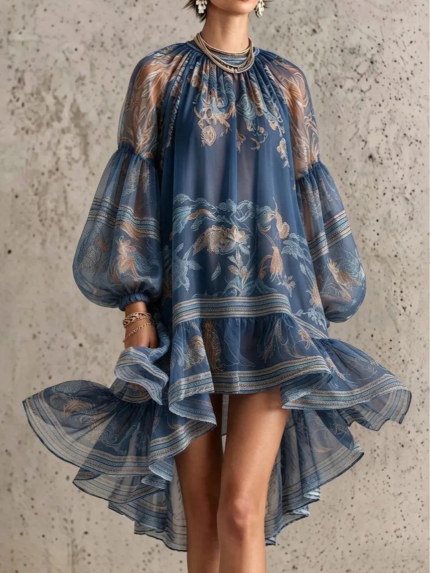 Robe mini vintage élégante à manches longues imprimée