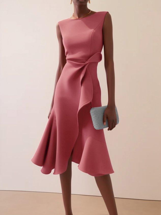 Robe Midi Élegante Sans Manches Rouge avec Torsion à la Taille pour le Jour et la Nuit