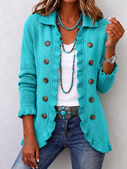 Sylvaine | Veste en Maille Côtelée Turquoise à Volants
