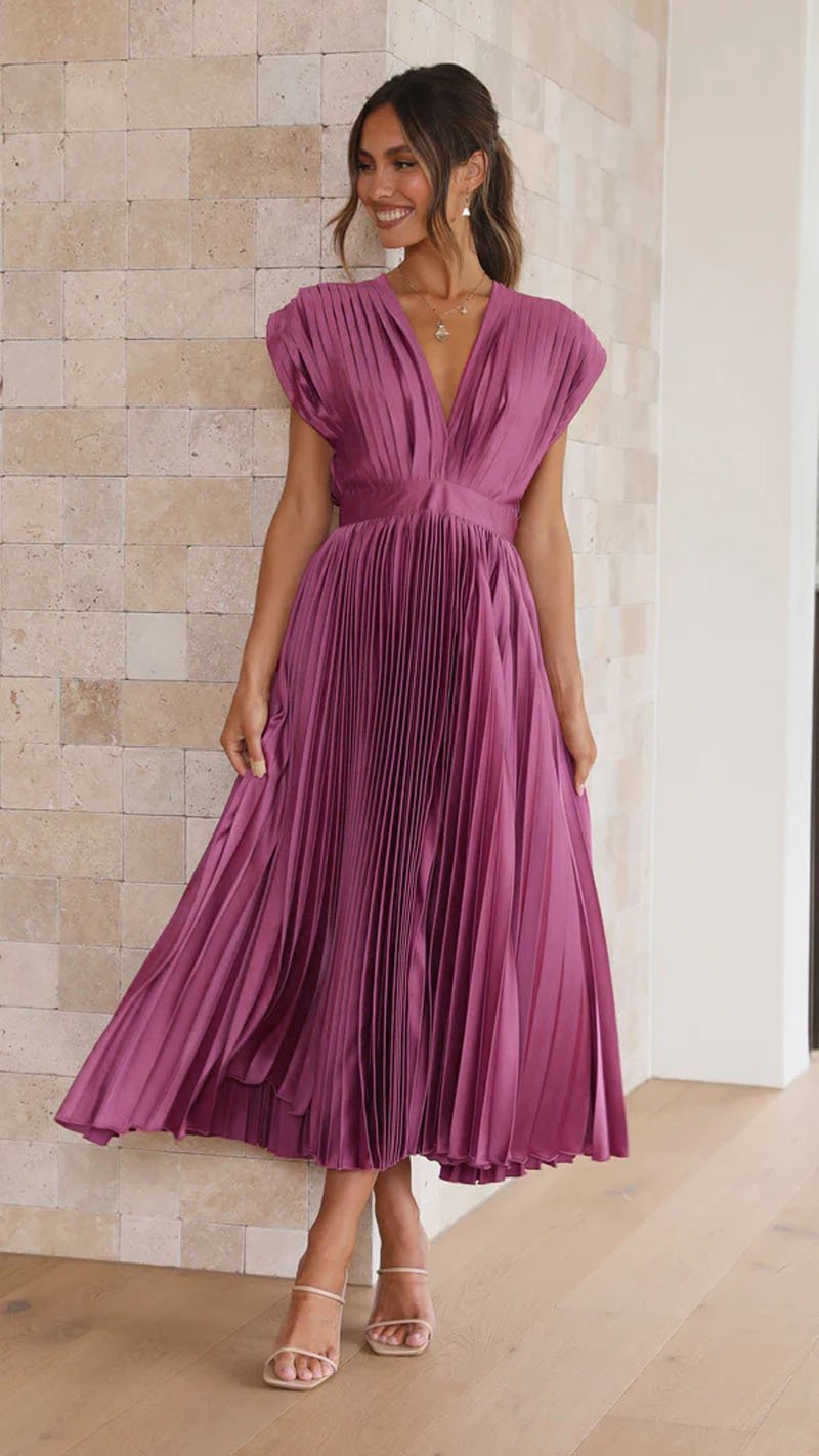Robe Midi Fluide en Satin Pliée à Col en V Élégante