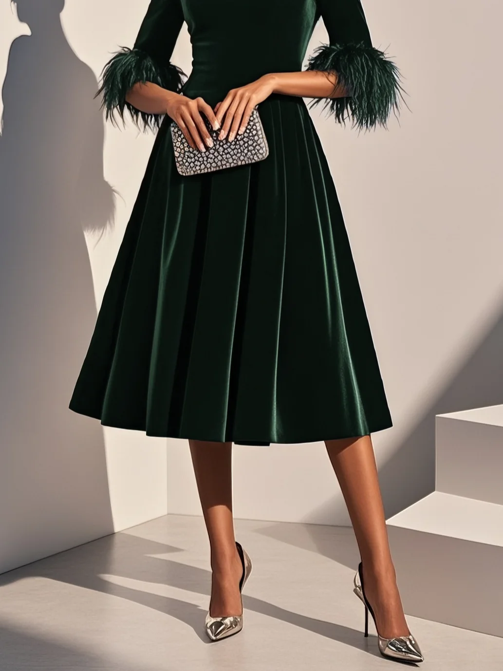 Robe Midi en Velours Bleu Foncé avec Finition en Plume et Col Rond, Manches Courtes, Silhouette en A