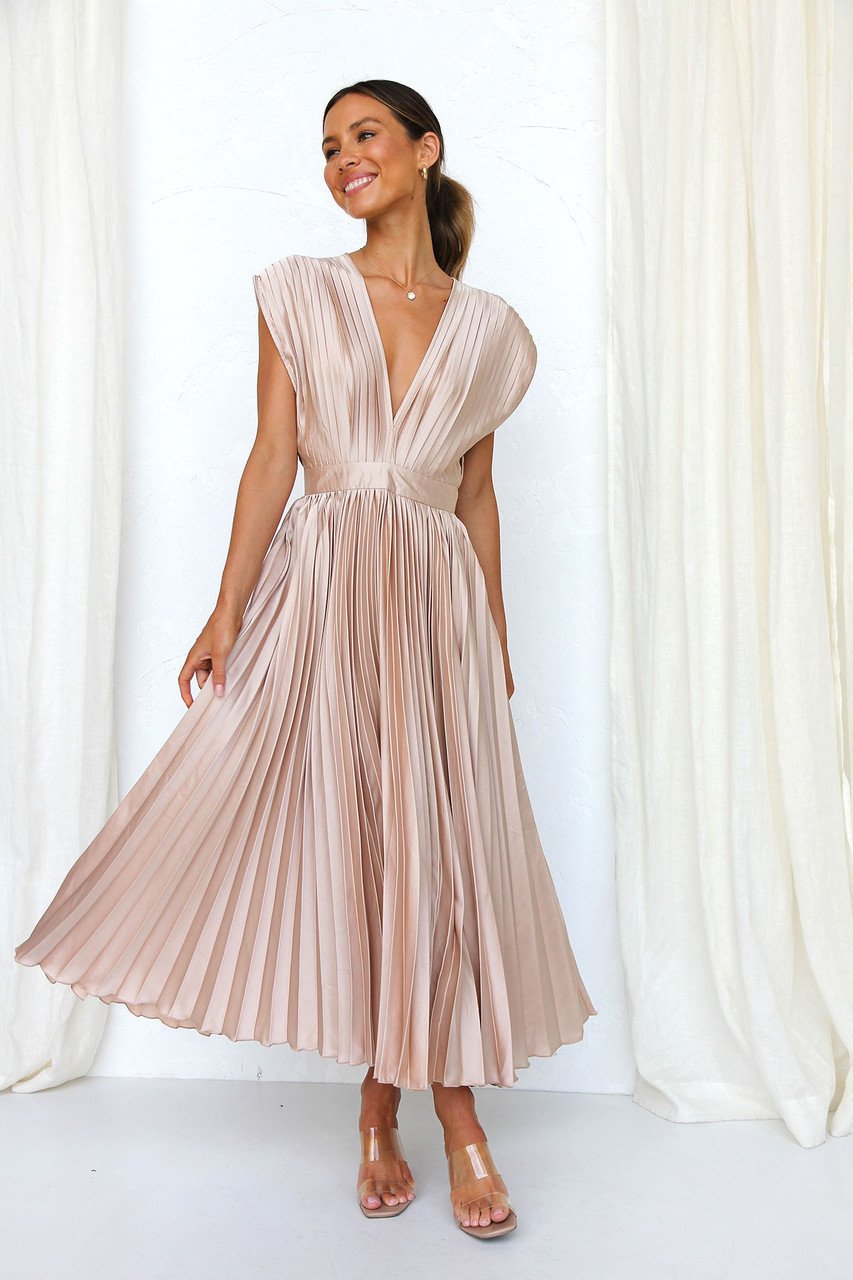 Robe Midi Fluide en Satin Pliée à Col en V Élégante