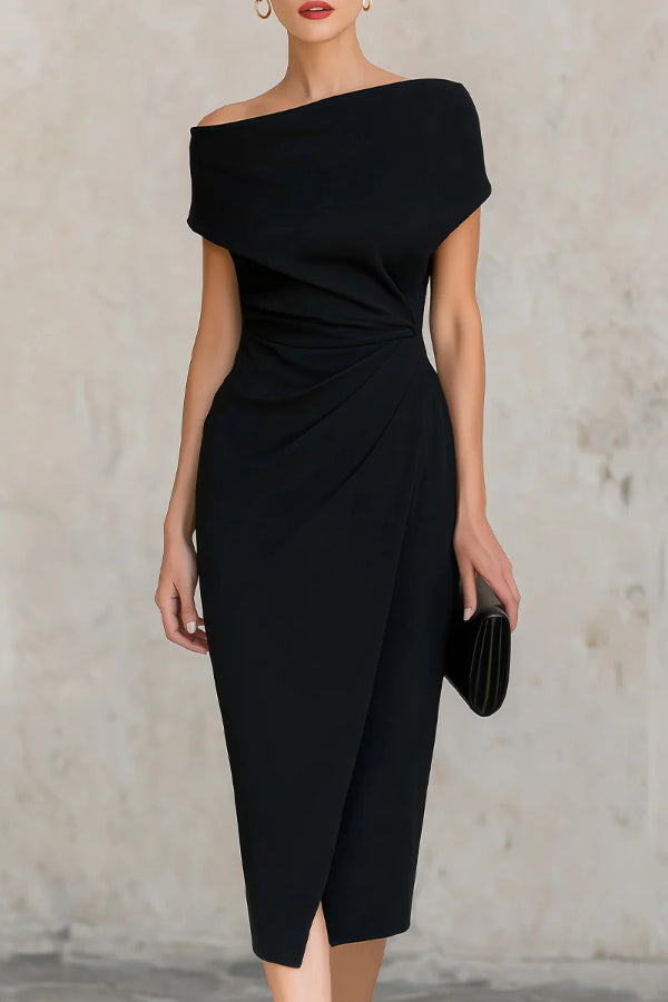 Robe Midi Plissée Slim-fit à Manches Courtes Élégante