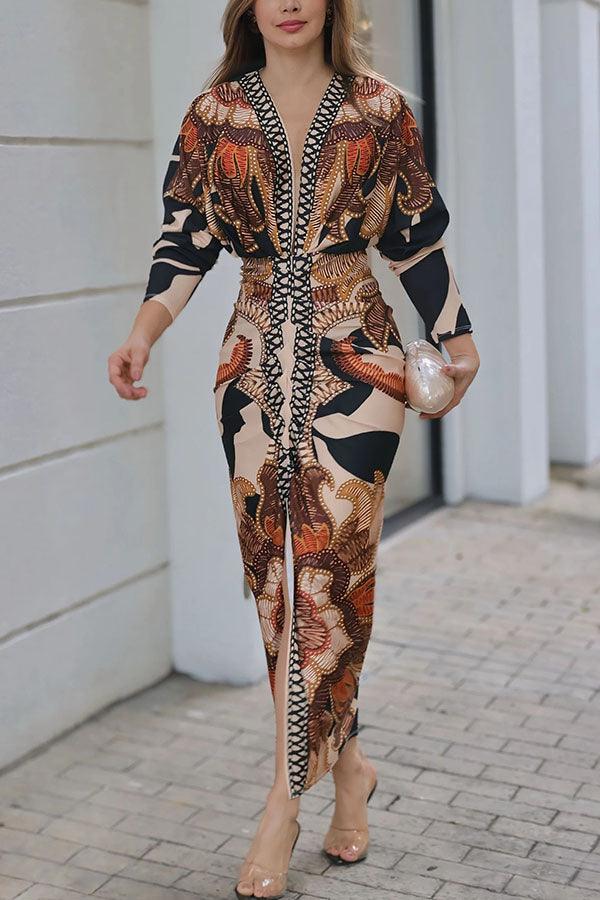 Robe Midi à Imprimé Unique avec Manches Dolman et Fente Froncée