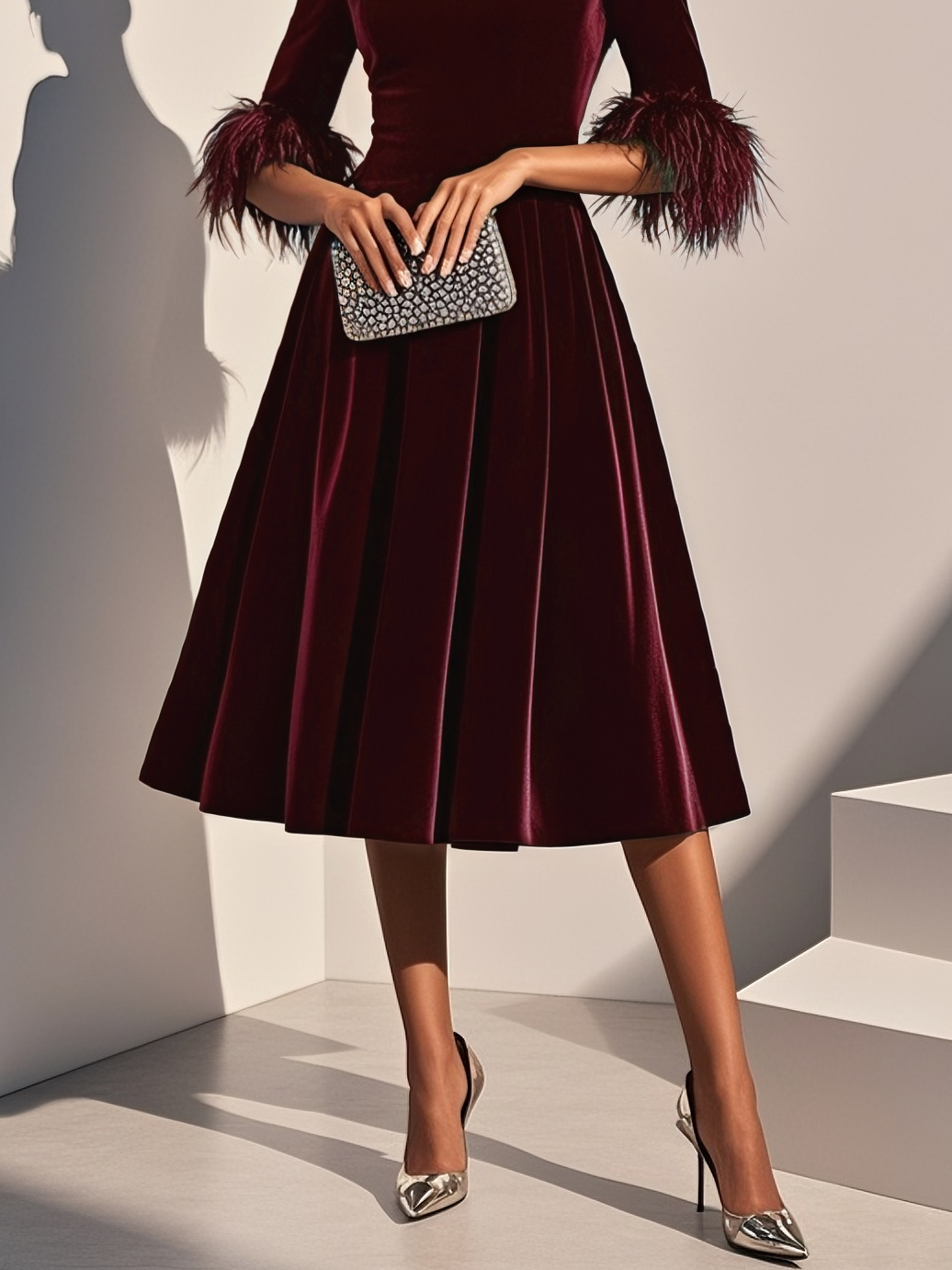 Robe Midi en Velours Bleu Foncé avec Finition en Plume et Col Rond, Manches Courtes, Silhouette en A