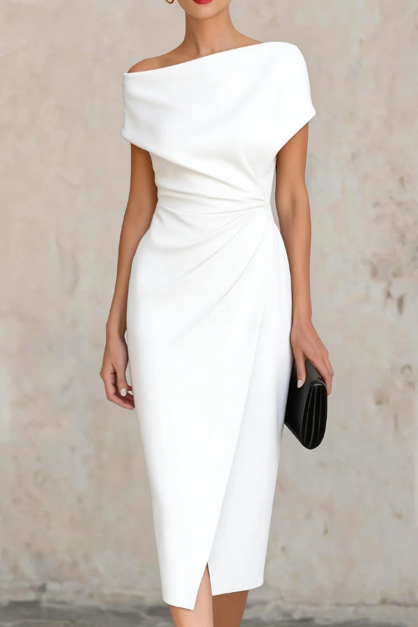 Robe Midi Plissée Slim-fit à Manches Courtes Élégante