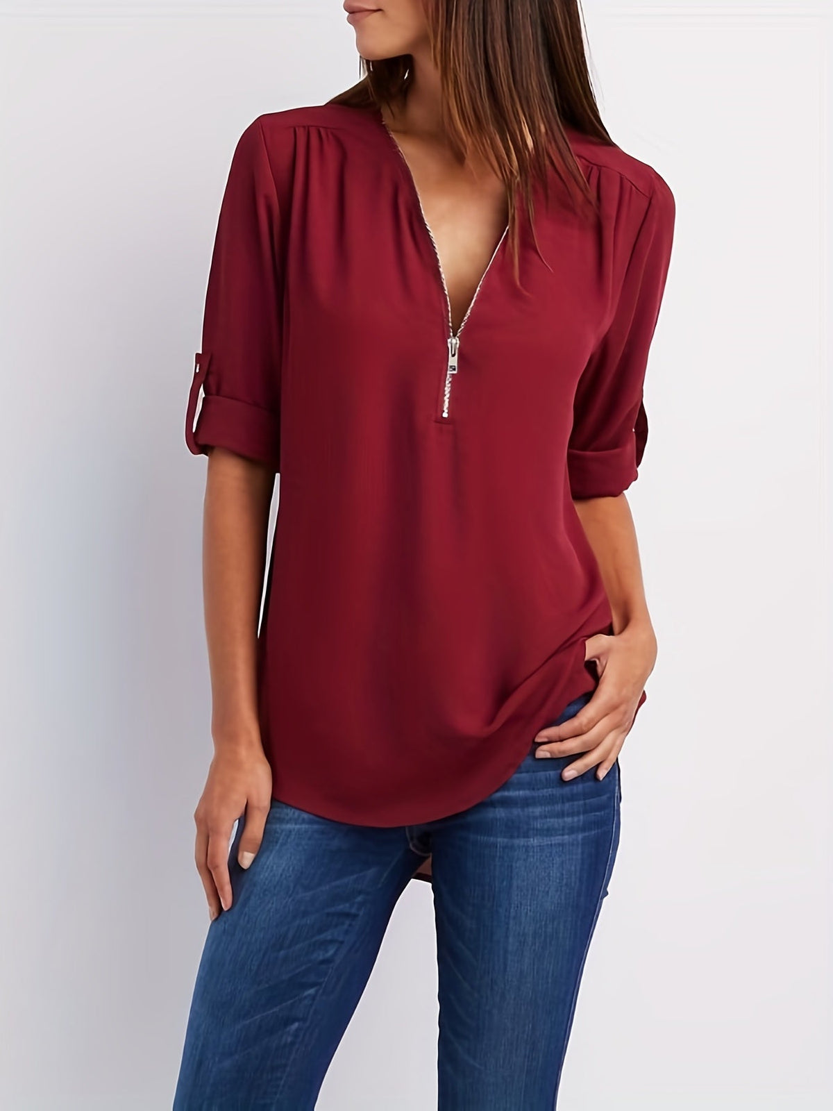 VIDAL BORDEAUX | BLOUSE À COL EN V ZIP POUR FEMMES
