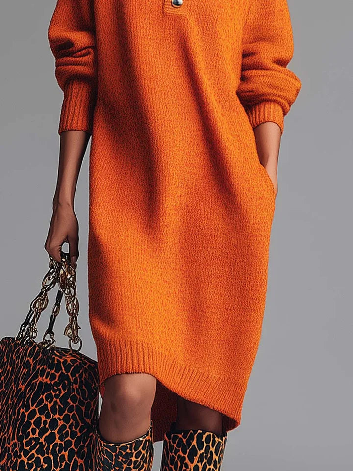 Robe Midi Tricotée à Boutons Avant Orange