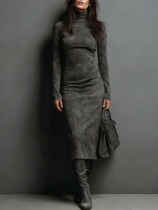 Robe Midi Suède à Col Montant et Manches Longues