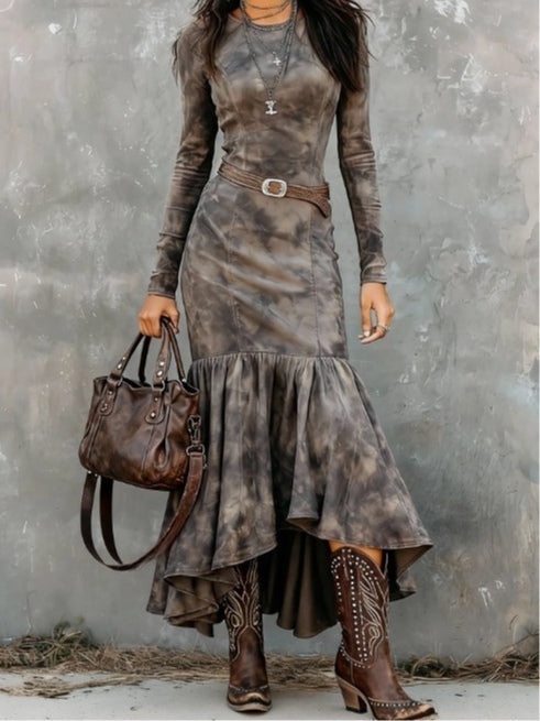 Robe Midi en Polyester Vintage à Ourlet Évasé (Inclut une ceinture)