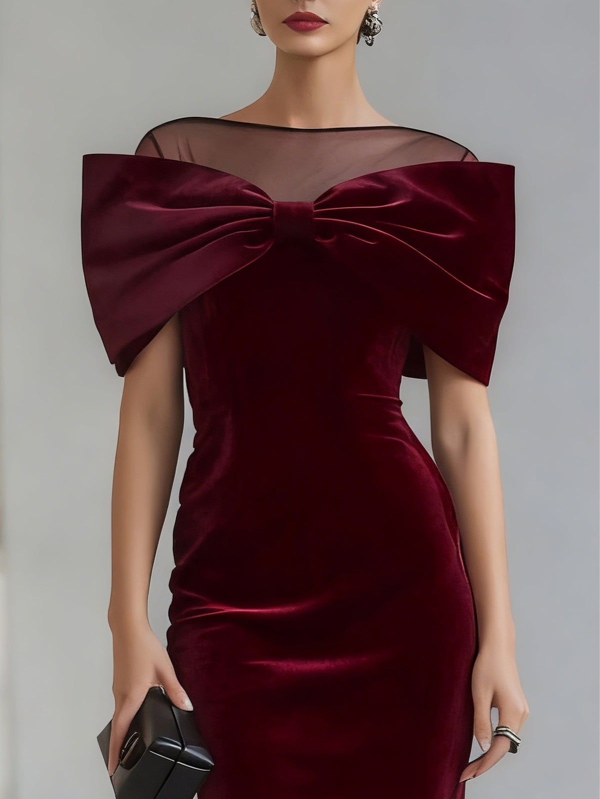 ROBE MIDI EN VELOURS BORDEAUX AVEC NŒUD DRAMATIQUE