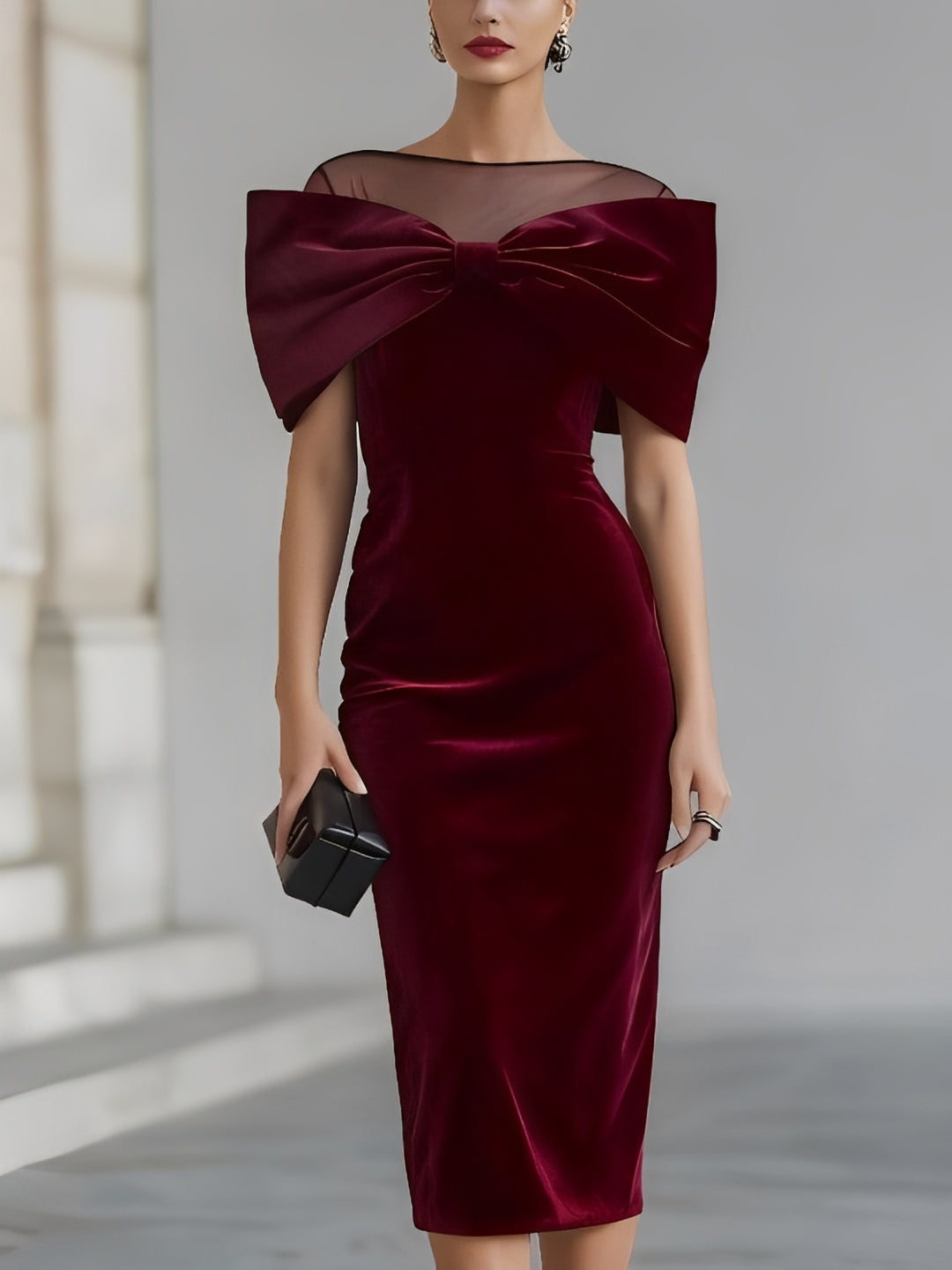 ROBE MIDI EN VELOURS BORDEAUX AVEC NŒUD DRAMATIQUE
