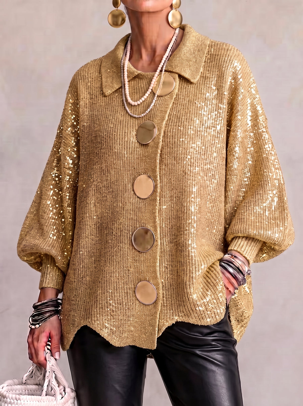 Elvinia™ | Cardigan Oversize à Col avec Gros Boutons Métalliques
