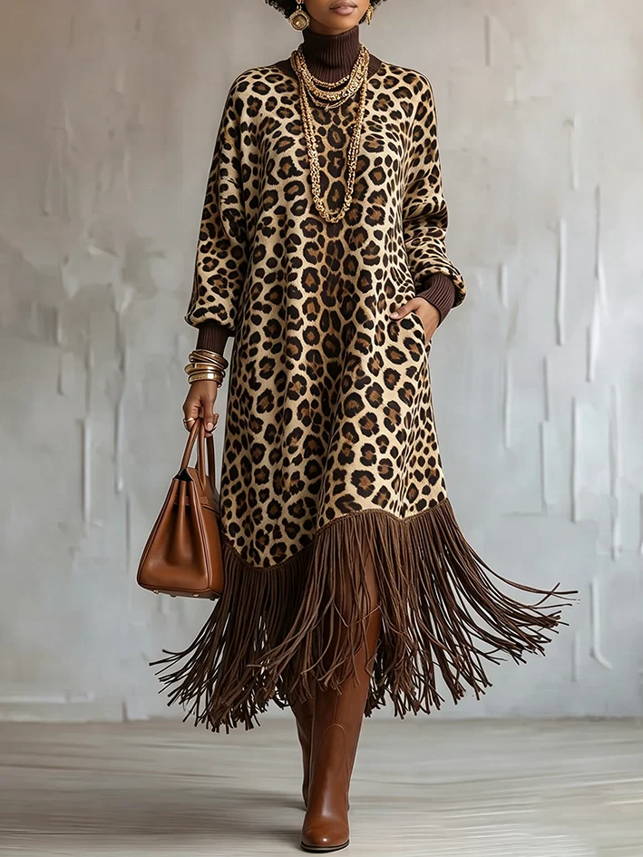 Robe Midi à Manches Longues avec Ourlet Frangé Imprimé Léopard