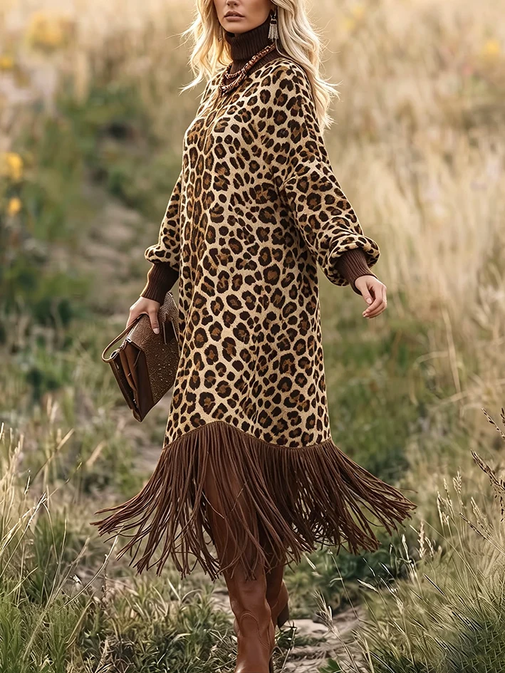 Robe Midi à Manches Longues avec Ourlet Frangé Imprimé Léopard