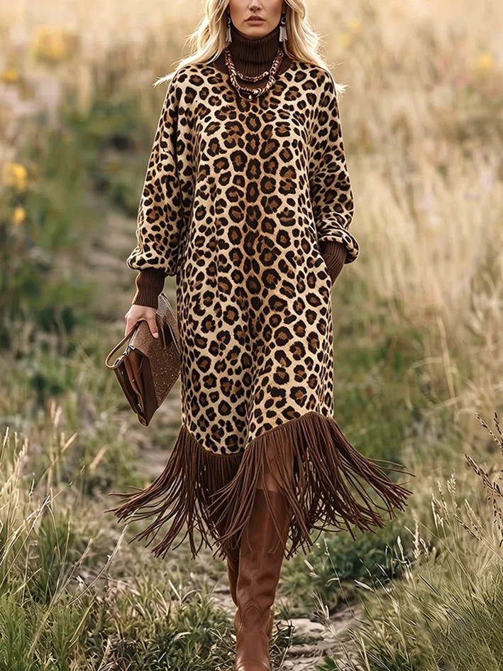 Robe Midi à Manches Longues avec Ourlet Frangé Imprimé Léopard