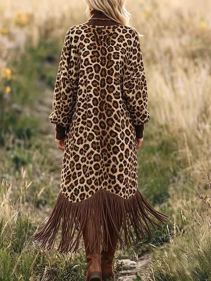 Robe Midi à Manches Longues avec Ourlet Frangé Imprimé Léopard
