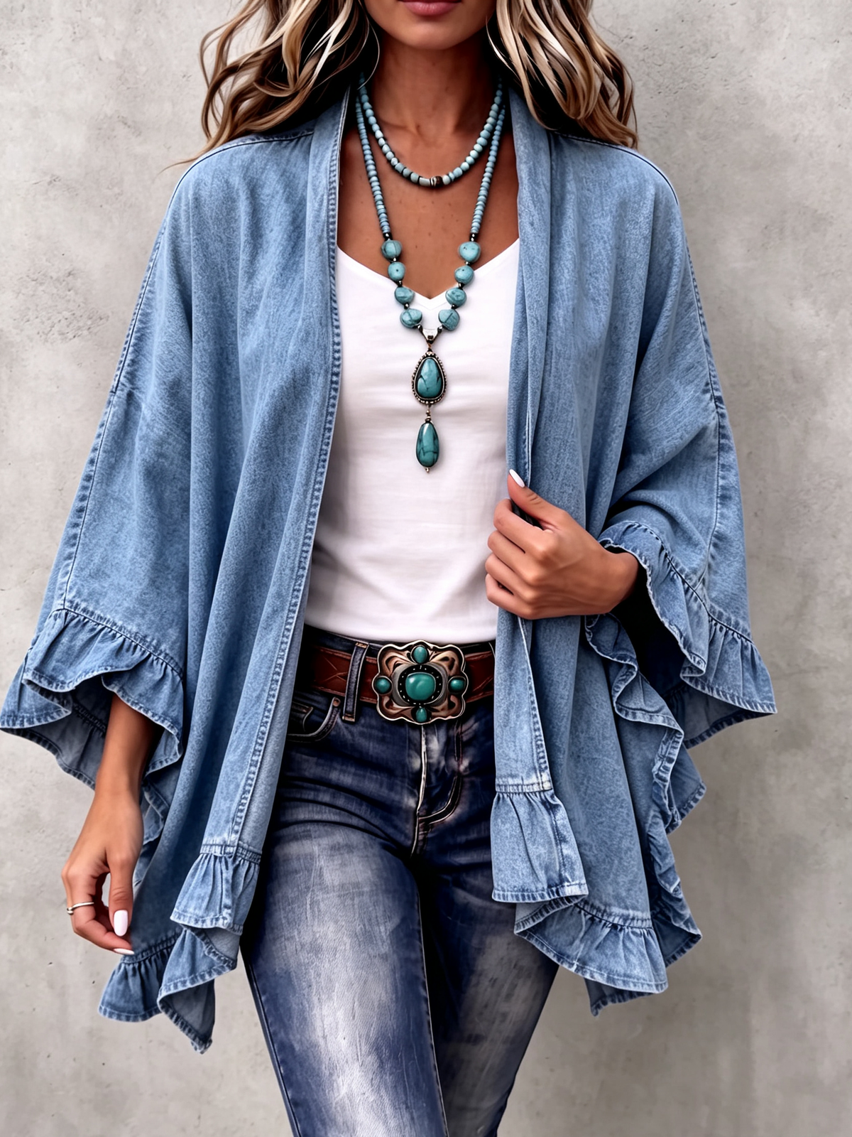 Corinne | Cardigan en Jean avec Volants Chic Boho