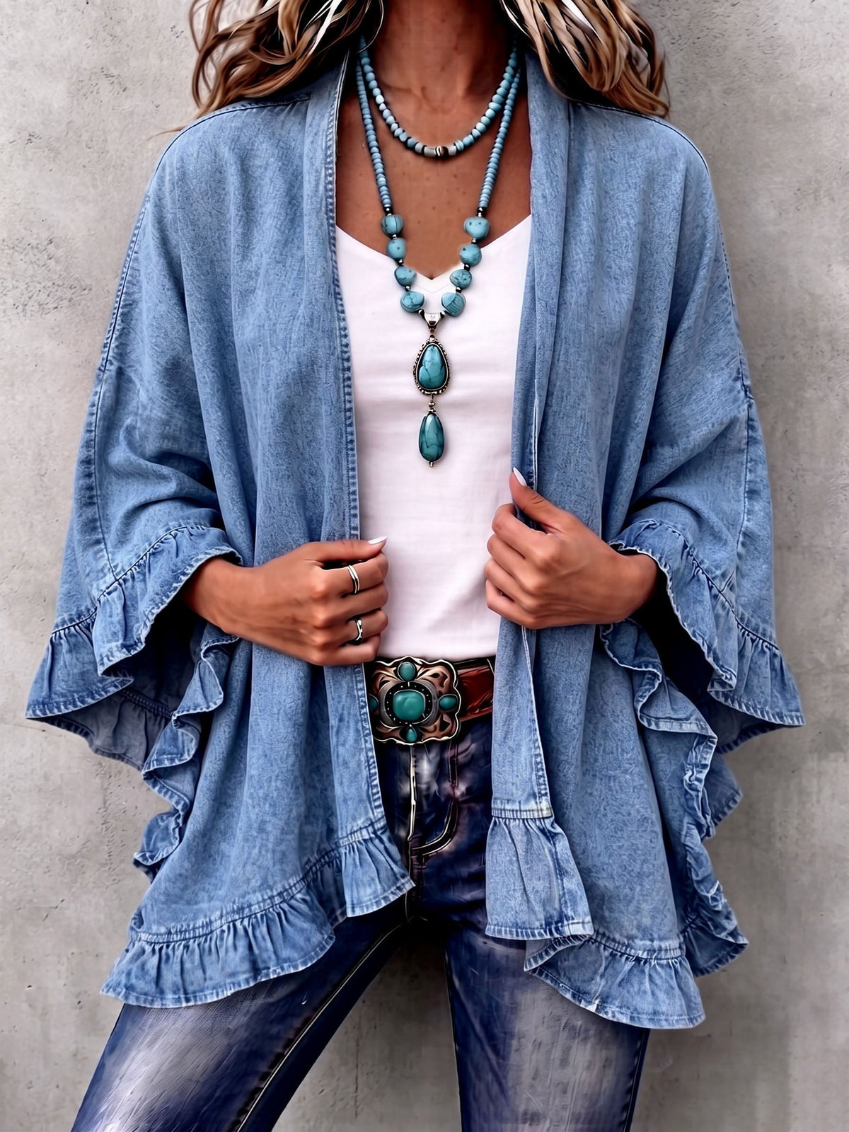 Corinne | Cardigan en denim à volants chic boho
