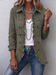 Alexandrine | Veste Bohème-Chic Brodée de Fleurs Vert Rétro et Finitions Froncées