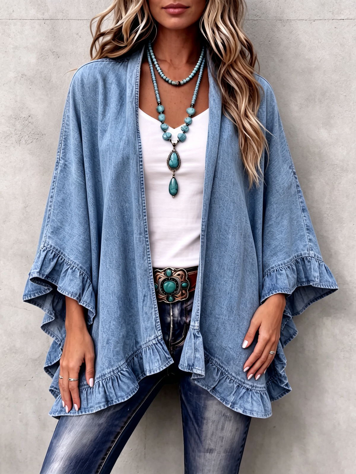 Corinne | Cardigan en Jean avec Volants Chic Boho