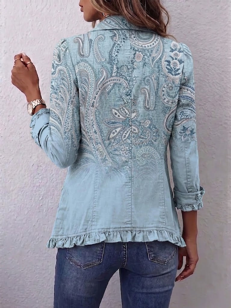 Émilie | Veste Paisley Vintage Bleu Ciel à Volants