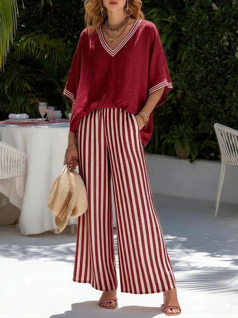 MOREAU LYON | ENSEMBLE DE DEUX PIÈCES AVEC HAUT À COL EN V ET PANTALON LARGE POUR FEMMES