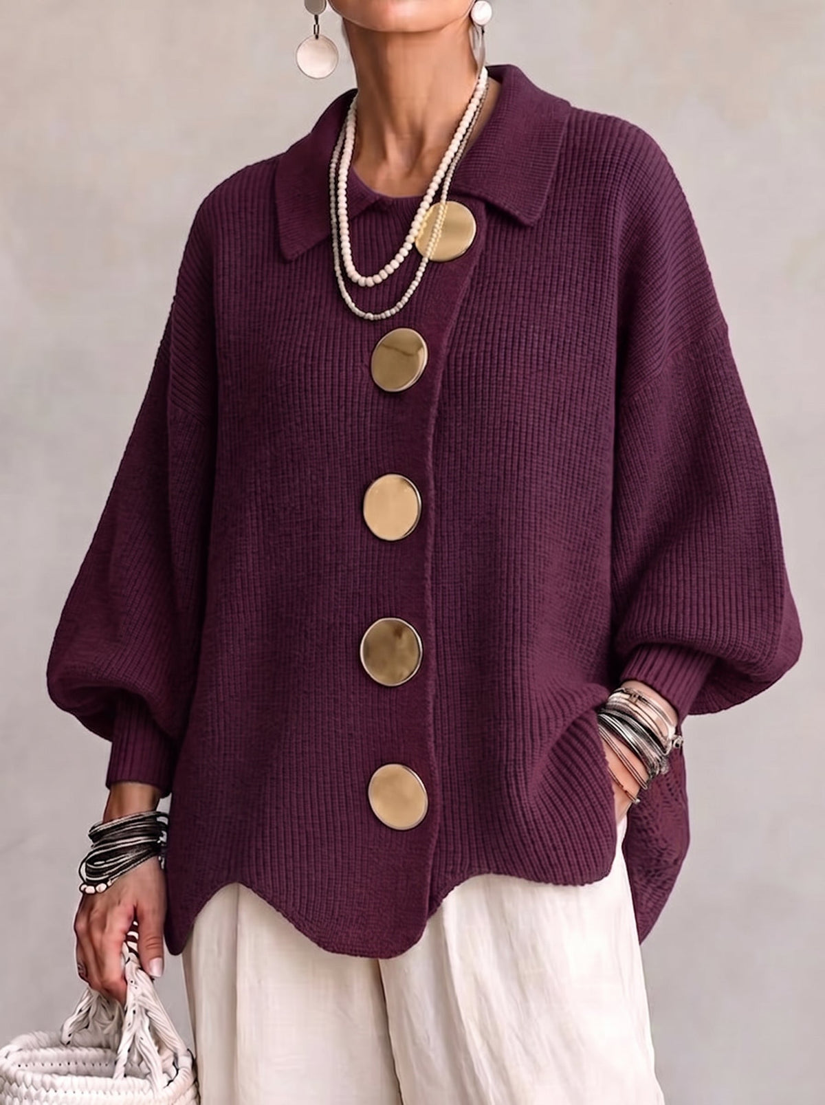 Elvinia™ | Cardigan Oversize à Col avec Gros Boutons Métalliques