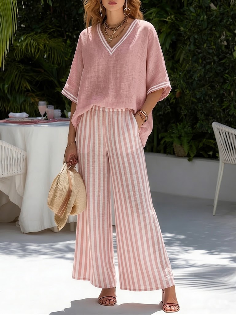 MOREAU LYON | ENSEMBLE DE DEUX PIÈCES AVEC HAUT À COL EN V ET PANTALON LARGE POUR FEMMES