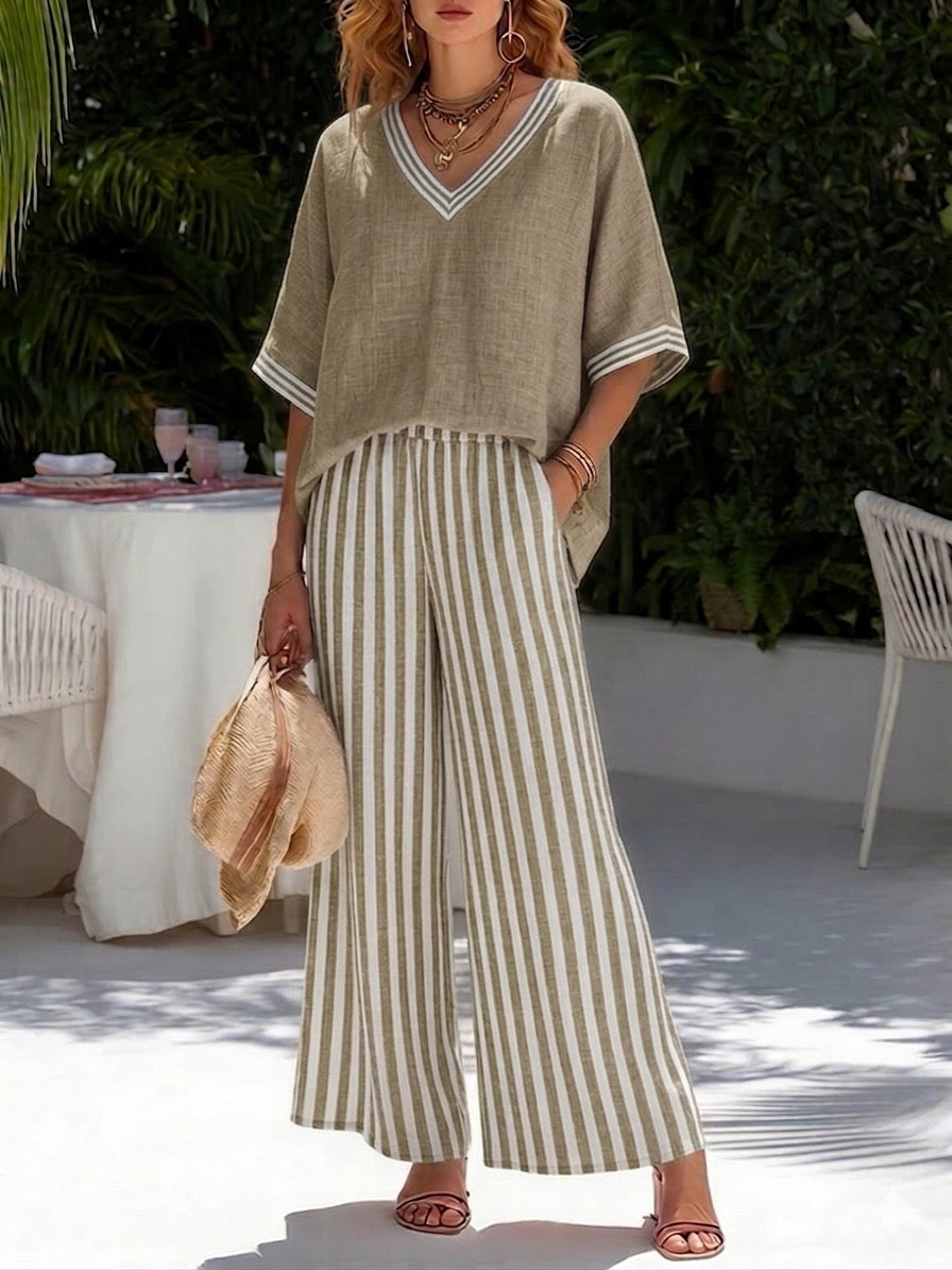 MOREAU LYON | ENSEMBLE DE DEUX PIÈCES AVEC HAUT À COL EN V ET PANTALON LARGE POUR FEMMES