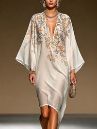 Robe Kaftan Chiffon Imprimé Floral Beige avec Décolleté V Profond, Manches Batwing et Ourlet Asymétrique, Robe Midi Fluide