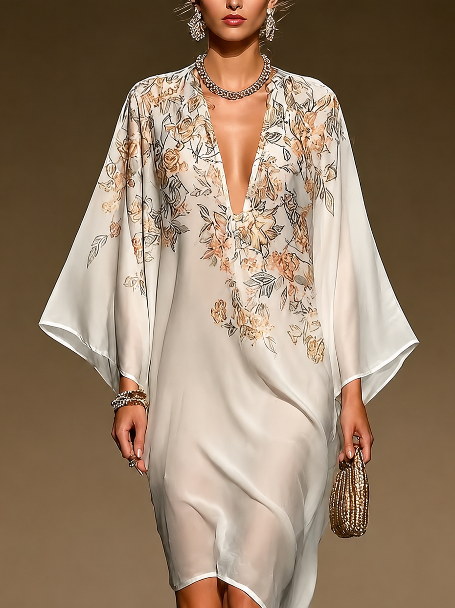 Robe Kaftan Chiffon Imprimé Floral Beige avec Décolleté V Profond, Manches Batwing et Ourlet Asymétrique, Robe Midi Fluide