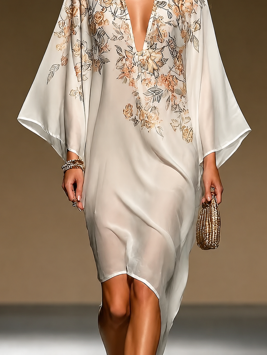 Robe Kaftan Chiffon Imprimé Floral Beige avec Décolleté V Profond, Manches Batwing et Ourlet Asymétrique, Robe Midi Fluide
