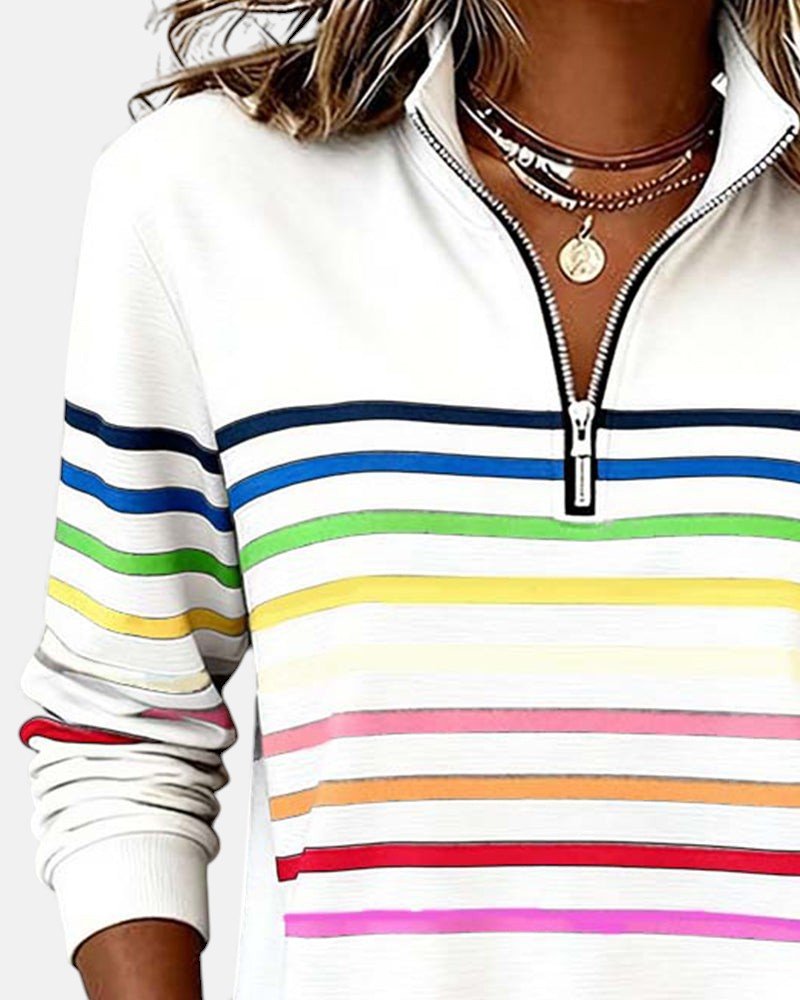 VIDAL BORDEAUX | SWEAT-SHIRT À COL ZIPPER QUART DE LONGUEUR RAYÉ POUR FEMMES