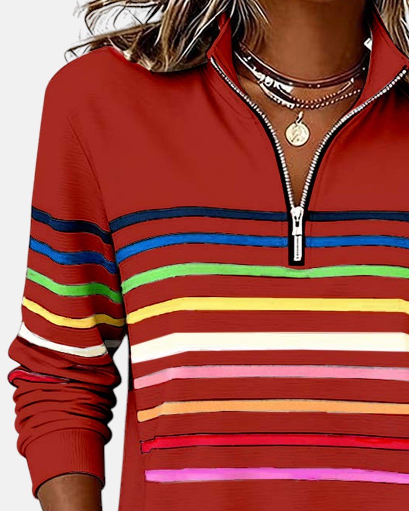 VIDAL BORDEAUX | SWEAT-SHIRT À COL ZIPPER QUART DE LONGUEUR RAYÉ POUR FEMMES