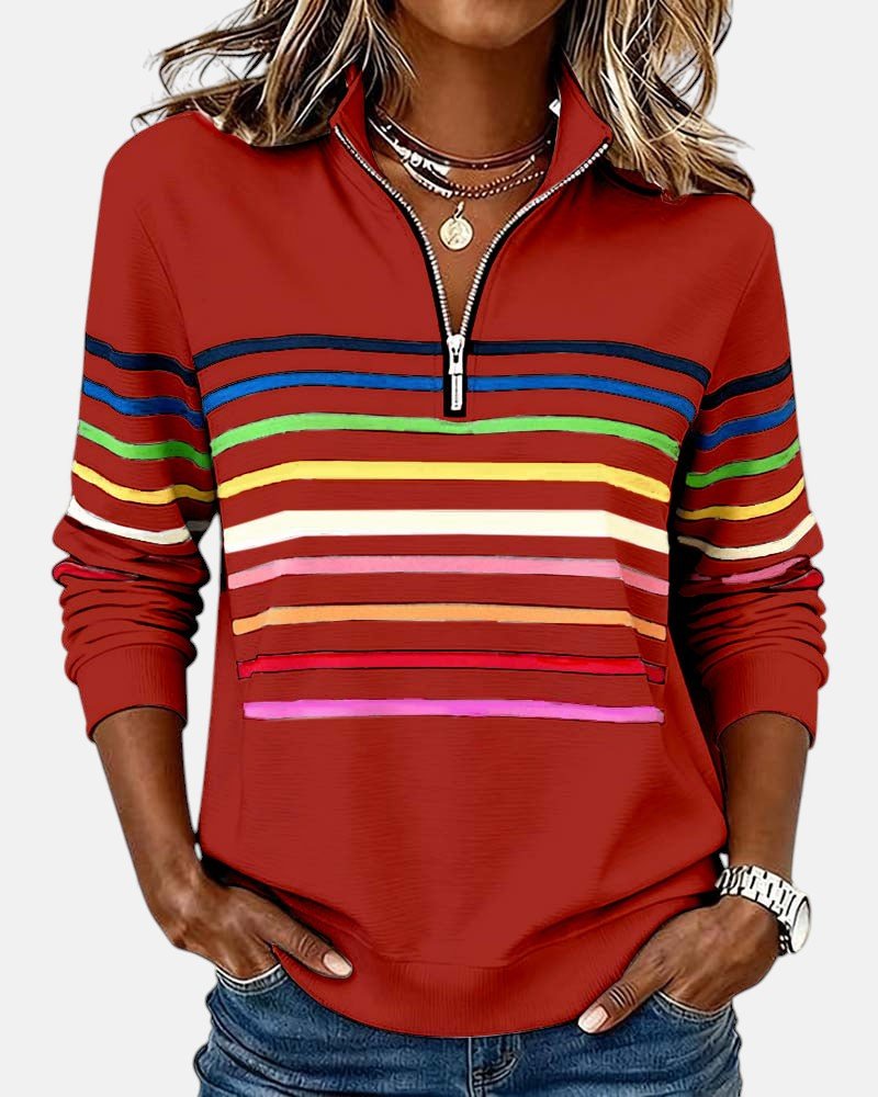 VIDAL BORDEAUX | SWEAT-SHIRT À COL ZIPPER QUART DE LONGUEUR RAYÉ POUR FEMMES