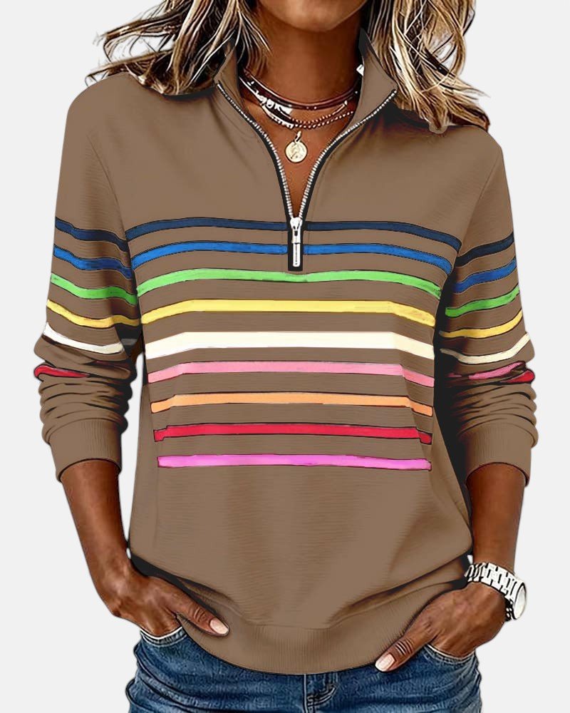 VIDAL BORDEAUX | SWEAT-SHIRT À COL ZIPPER QUART DE LONGUEUR RAYÉ POUR FEMMES