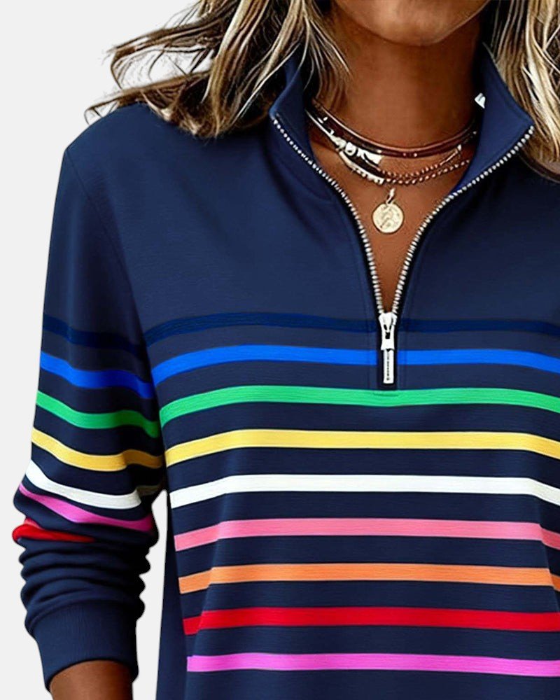 VIDAL BORDEAUX | SWEAT-SHIRT À COL ZIPPER QUART DE LONGUEUR RAYÉ POUR FEMMES